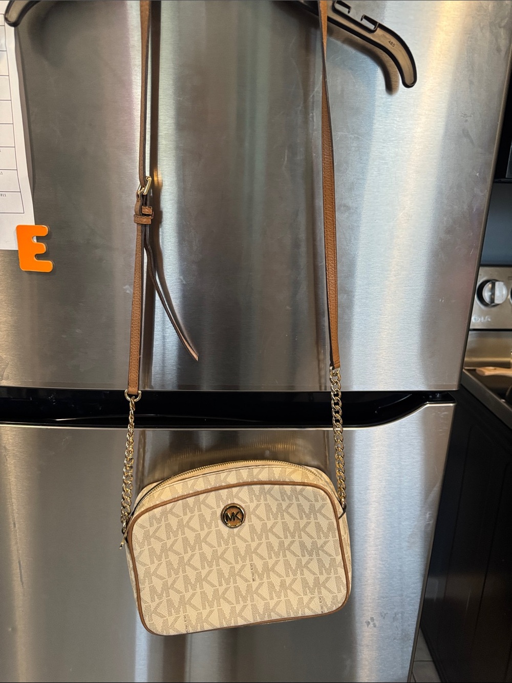 Michael Kors Cream Logo Crossbody with Gold-Tone Chain